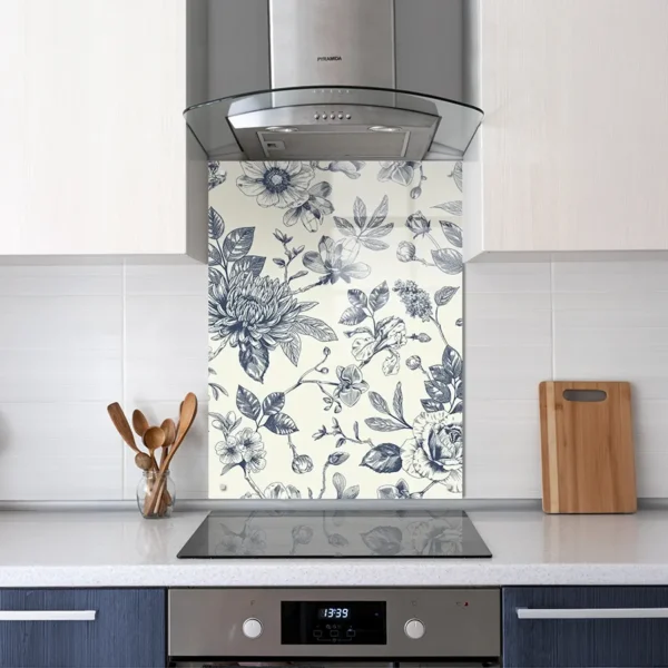 A vintage styled glass splashback with blue flowers