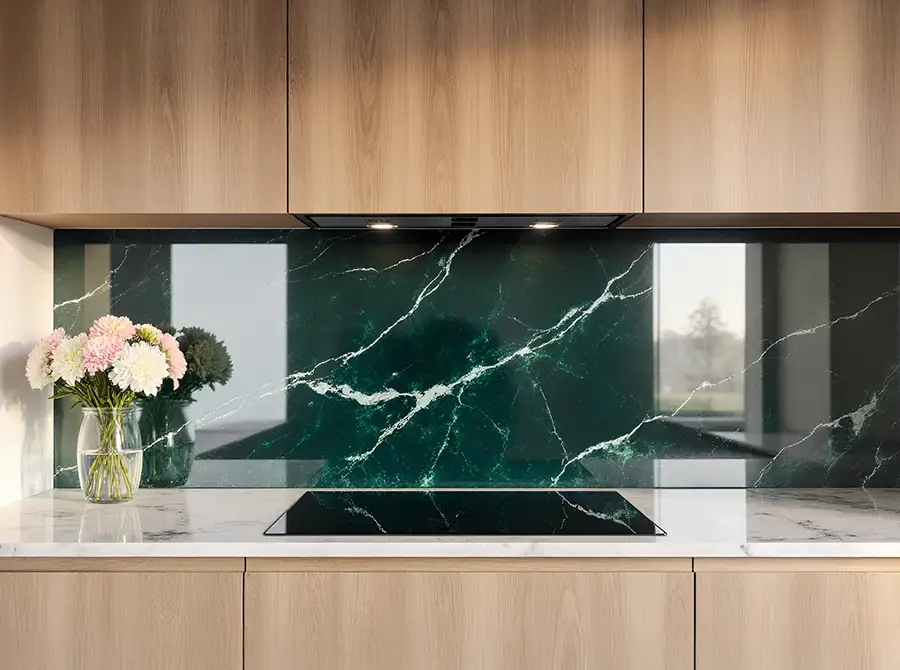 green marble printed kitchen glass splashback