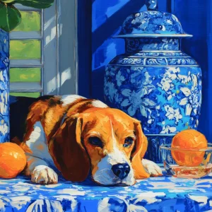 Beagle resting my a blue and white vase featured image