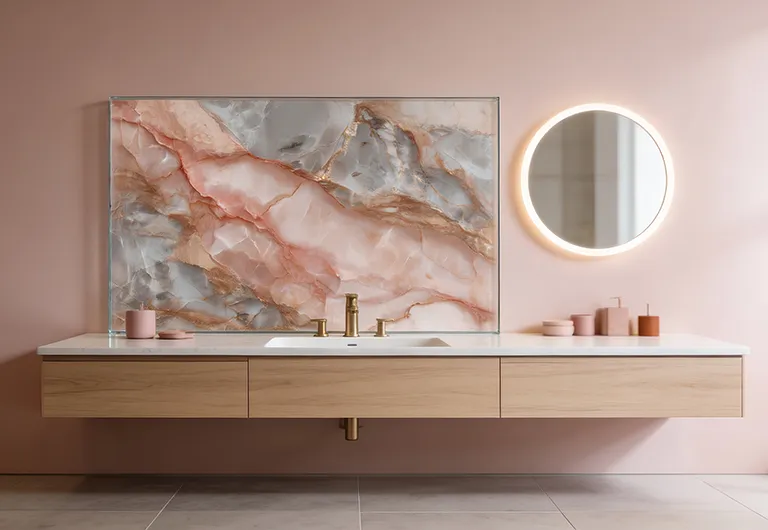 A bathroom with a glass splashback