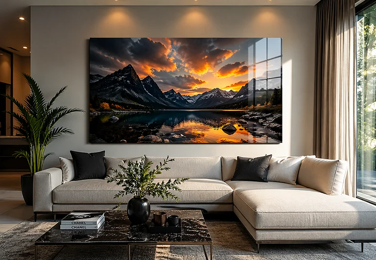 A glass wall art print of a landscape hanging in a living room