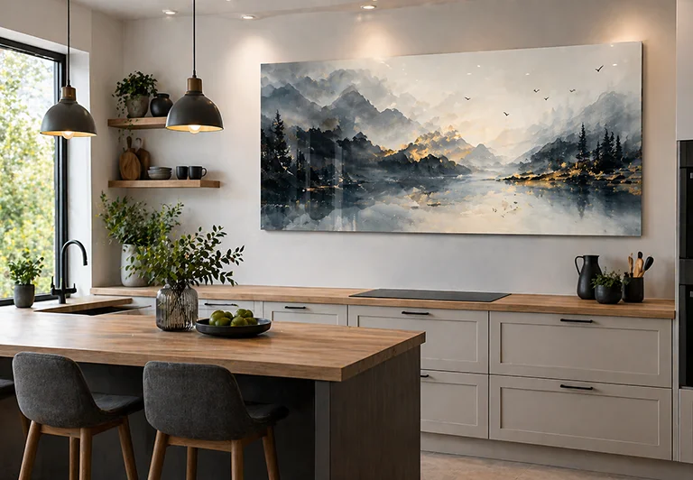 A glass wall art print of a water colour painting hanging in a kitchen