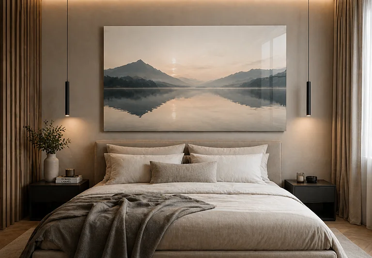A glass wall art print of a calm landscape illustration hanging in a bedroom