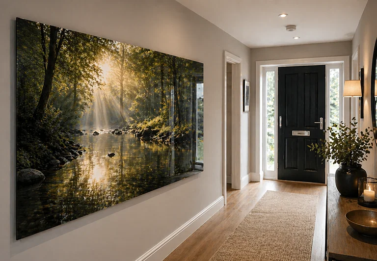 A glass wall art print of a forest hanging in a hallway