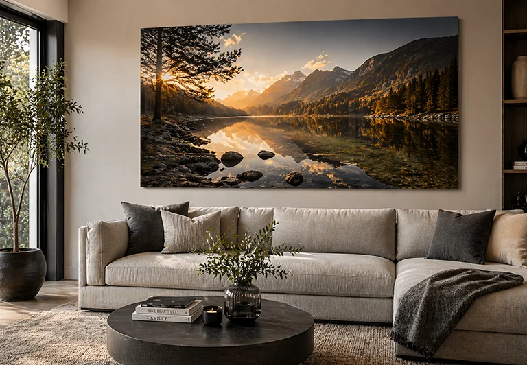 A glass wall art print of a landscape hanging in a lounge