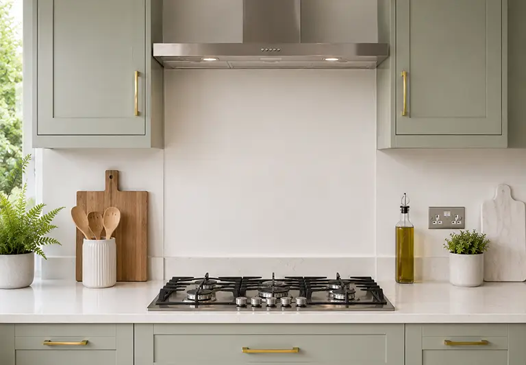Kitchen with an empty wall space for a glass splashback