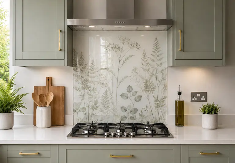 A glass splashback in a kitchen