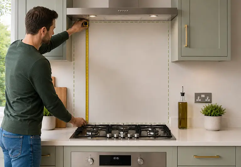 Man measuring space on kitchen wall